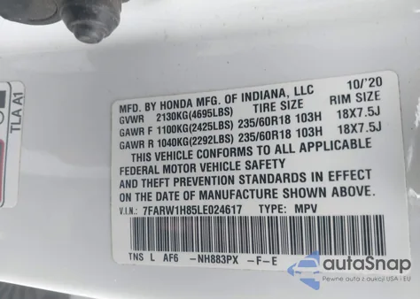 2020 Honda Cr-V 2Wd Ex-L z USA, uszkodzony, nr VIN 7FARW1H85LE024617